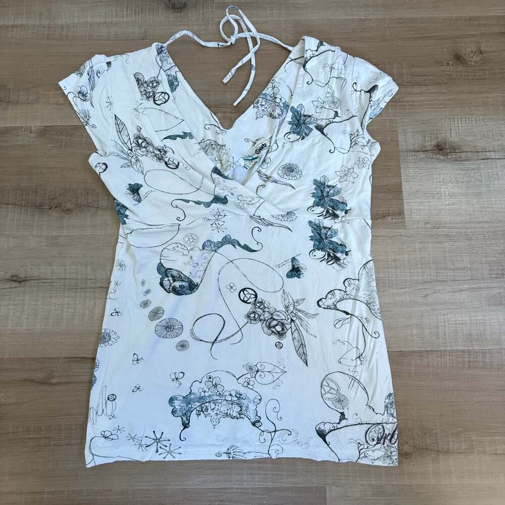 Orb Women's Graphic Print V-Neck Top Size L - White Sketch Doodle Art Tie-Back